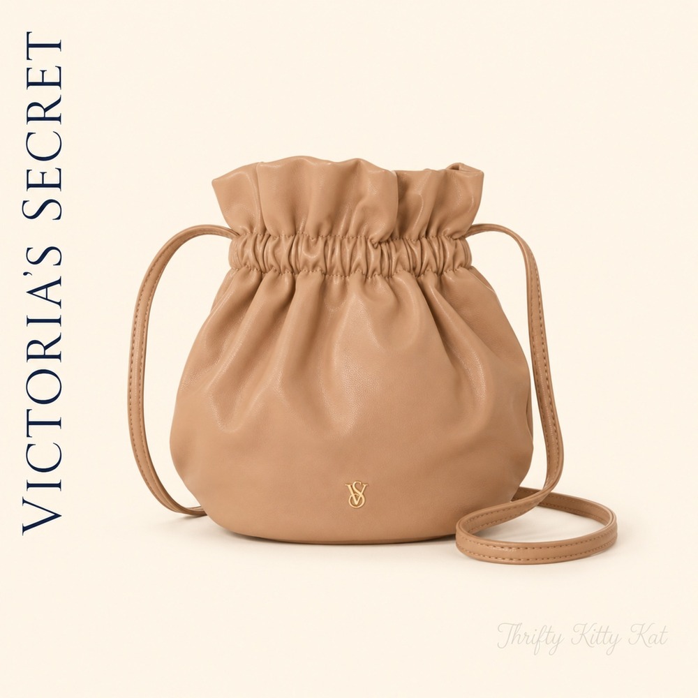 Victorias Secret Mini Bucket Bag Ruched Faux Leather Beige Crossbody NWT - Picture 2 of 10